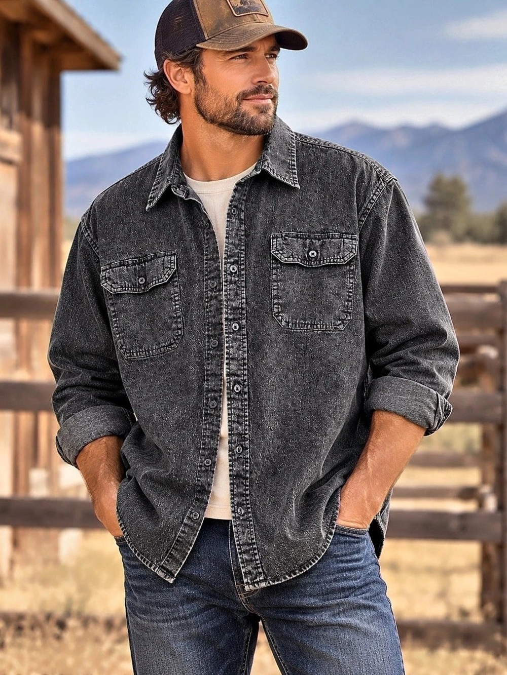 Wrangler Comfort Flex 2XL Black Denim Shirt Western Workwear Button Up Rugged